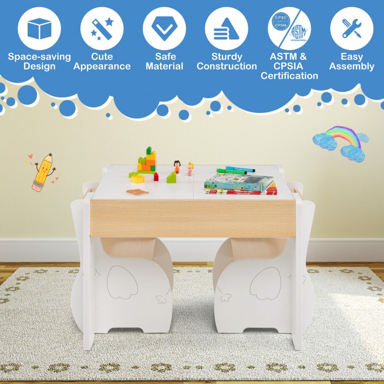 4-in-1 wooden activity table with detachable blackboard and storage, designed for kids' comfort and safety in playrooms.