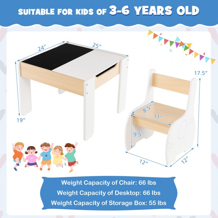 Kids' 4-in-1 wooden activity table with detachable blackboard and chair, ideal for playrooms and safe for children.