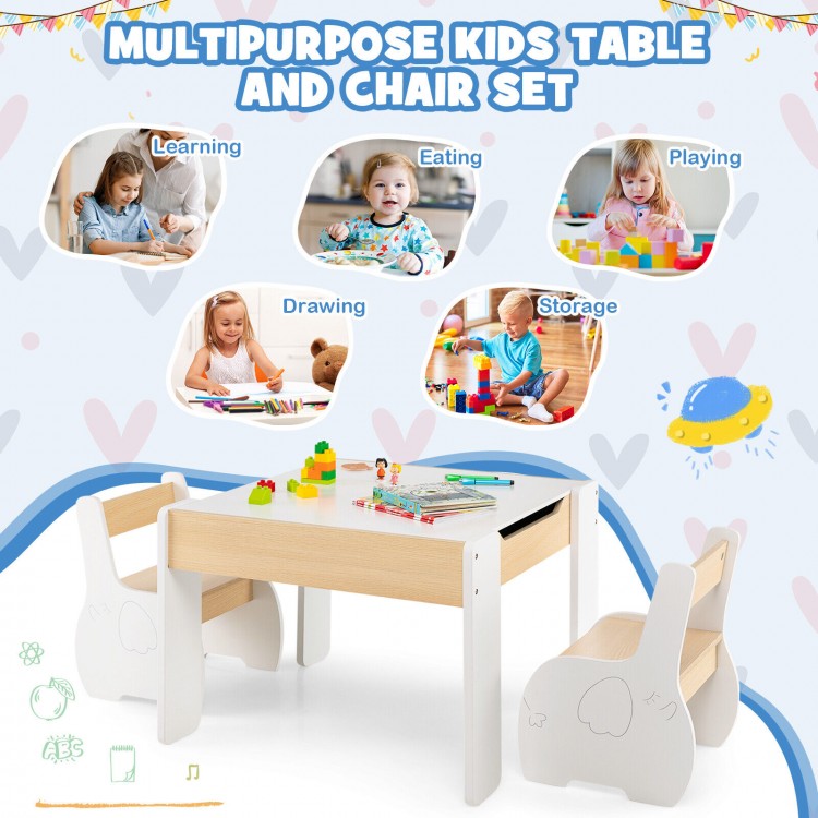 4-in-1 wooden kids table and chairs set with storage, detachable blackboard, ideal for learning and playing.