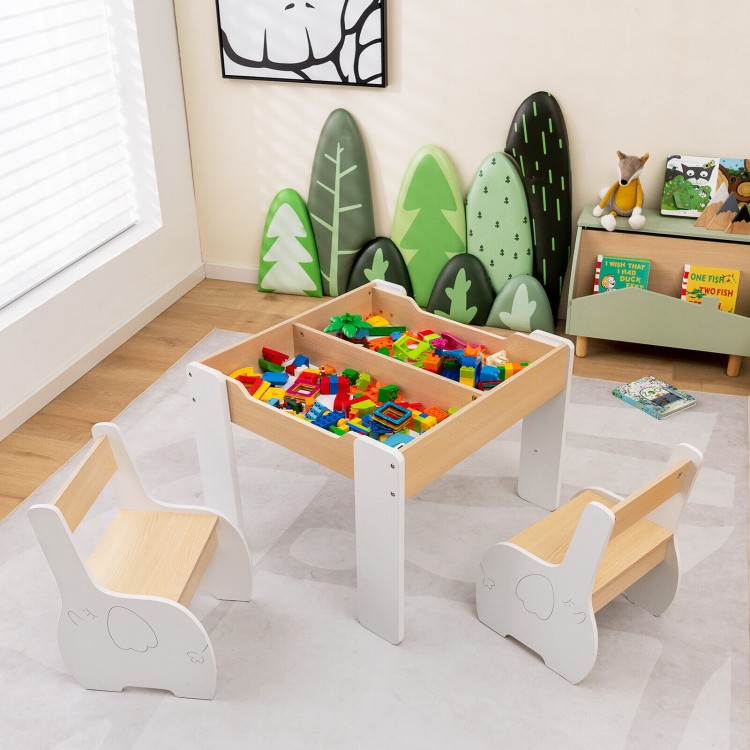 Wooden activity kids table with storage and detachable blackboard, featuring two chairs, ideal for playrooms and.