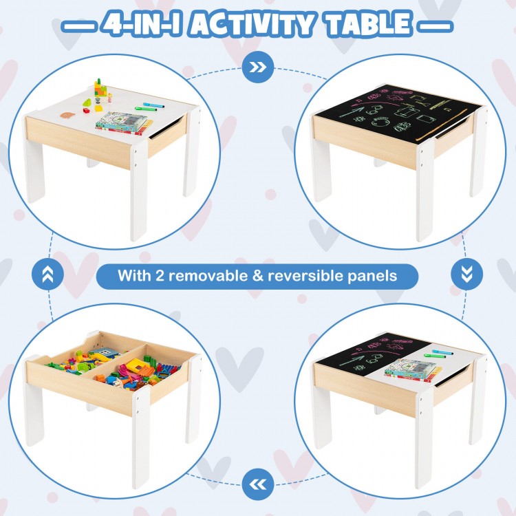 4-in-1 wooden activity table with removable blackboard, storage compartments, and non-slip foot pads for kids' playroom.