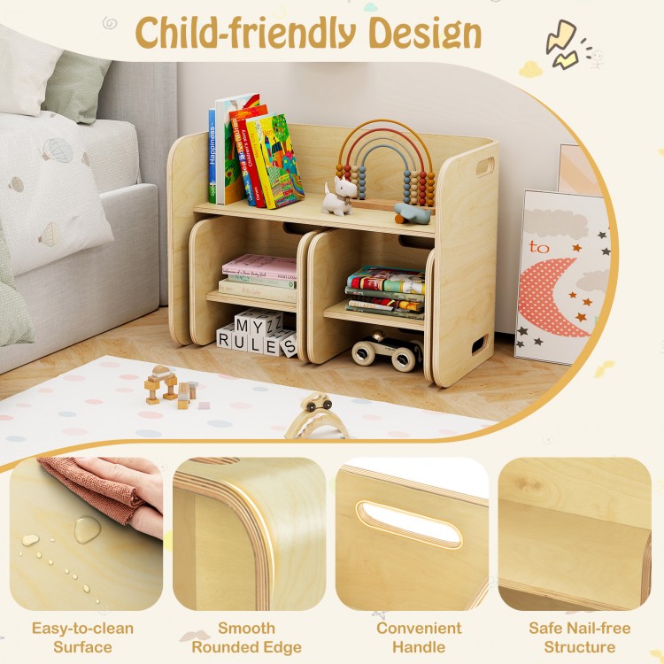 Kids wooden table and chair set in natural finish, featuring rounded edges and a space-saving design for safe play.