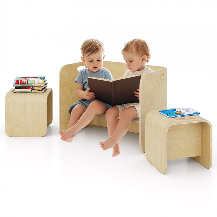 Kids wooden table and chair set in natural finish, perfect for reading and playtime, featuring ergonomic design and.