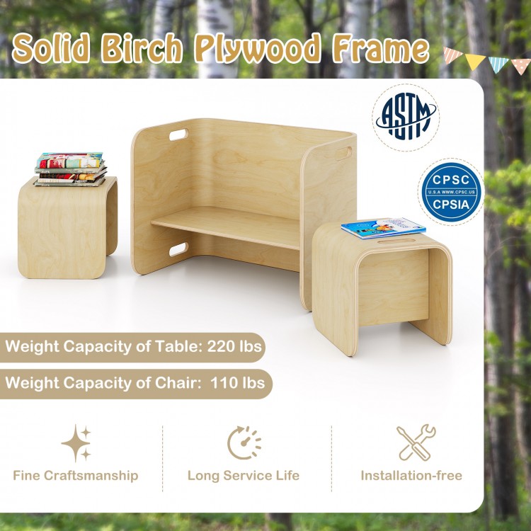 Kids wooden table and chair set in natural birch, featuring smooth lines and ergonomic design for safe, multifunctional.