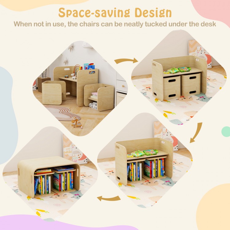 Kids wooden table and chair set in natural finish, featuring a space-saving design for easy storage and organization.