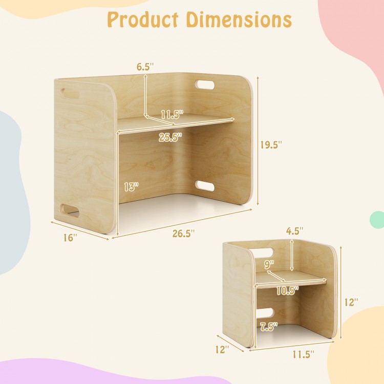 Kids wooden table and chair set dimensions, featuring durable birch wood, ergonomic design, and space-saving storage.