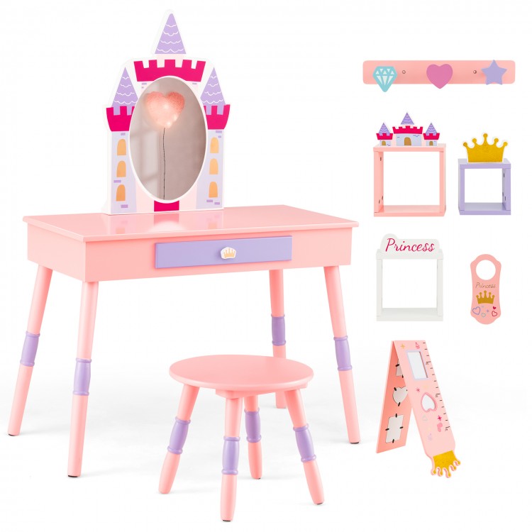 Kids princess vanity table and stool set in pink with a removable mirror, drawer, and castle-themed accessories.