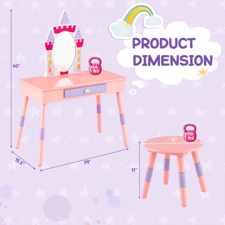 Kids princess vanity table and stool set in pink, featuring a removable mirror, sturdy MDF, and castle theme design.