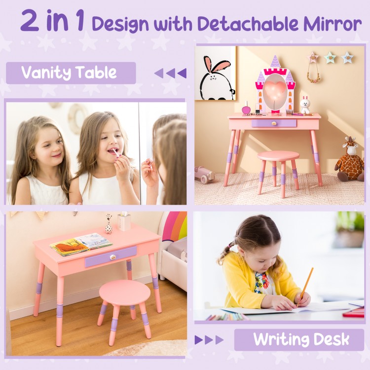 Kids pink vanity table and stool set with detachable mirror, sturdy MDF, and large drawer for organization.