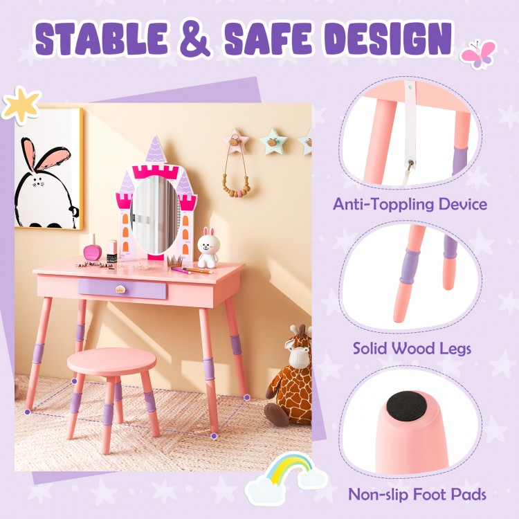 Kids princess vanity table and stool set in pink with a mirror, sturdy wood legs, and anti-tipping design for safety.