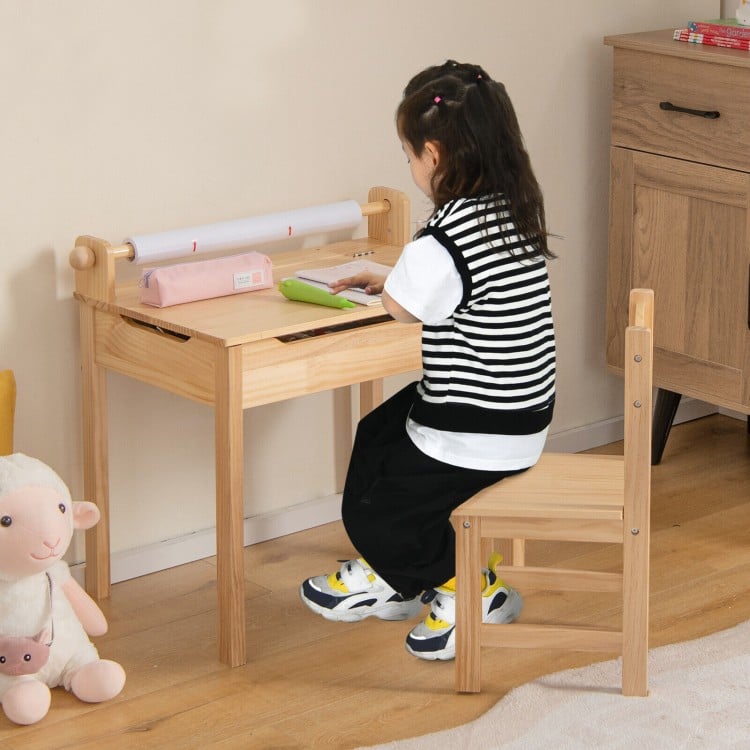 Toddler activity table and chair set in natural wood with paper roll holder, designed for creative play and safety.
