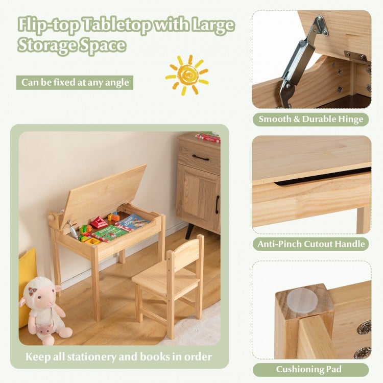 Toddler activity table with flip-top storage, solid wood legs, and waterproof surface for creative play and.