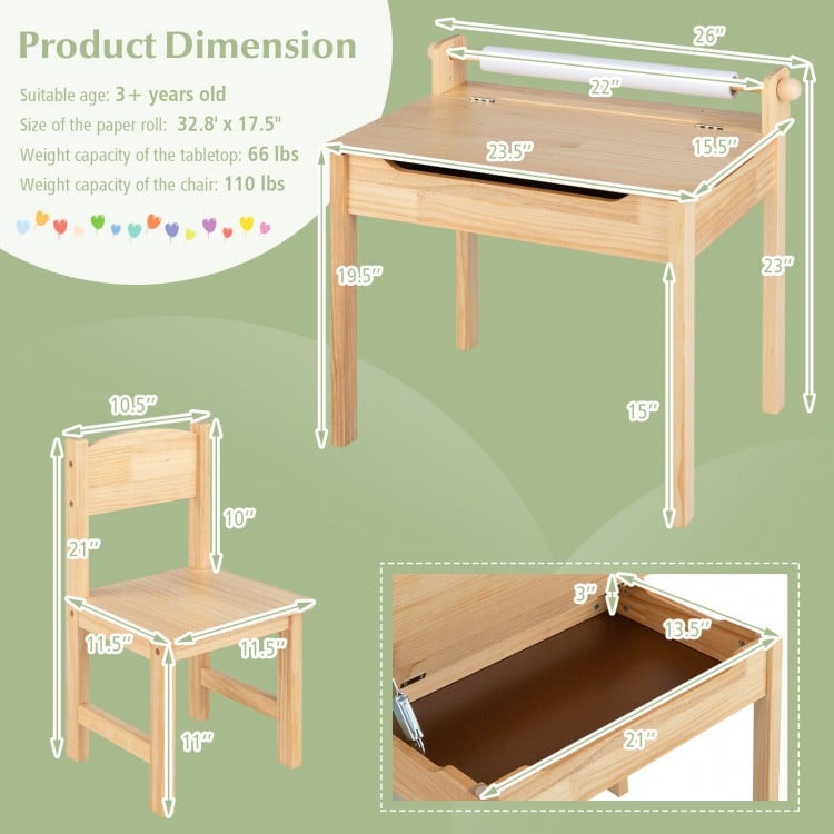 Toddler activity table and chair set with paper roll holder, solid wood legs, and flip-top design for extra storage.