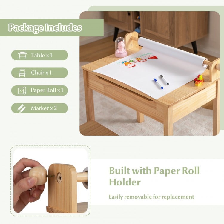 Toddler activity table set with paper roll holder, solid wood legs, and high backrest for creative play and storage.