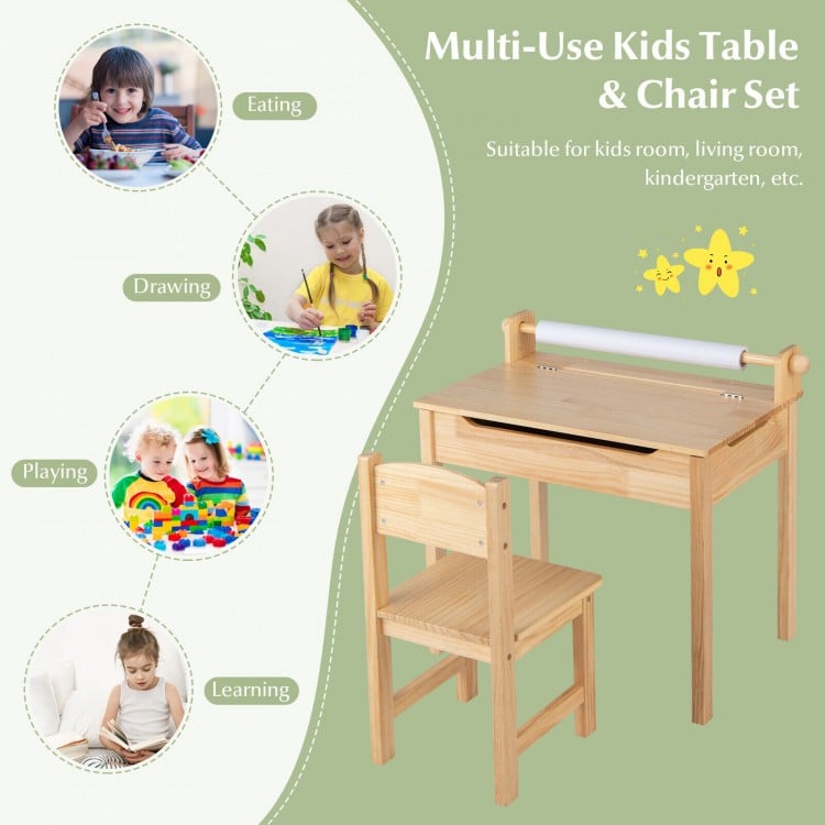 Toddler multifunctional activity table and chair set in natural wood, featuring a paper roll holder and storage space.