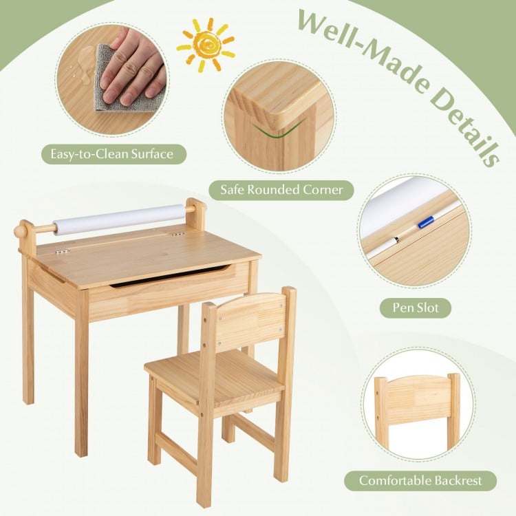 Toddler activity table and chair set with paper roll holder, rounded corners, and easy-to-clean waterproof surface.