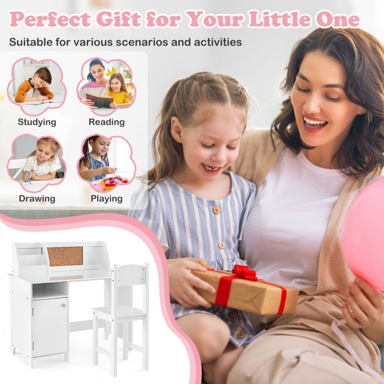 Wooden kids study desk and chair set in white with storage cabinet and bulletin board, ideal for studying and playing.