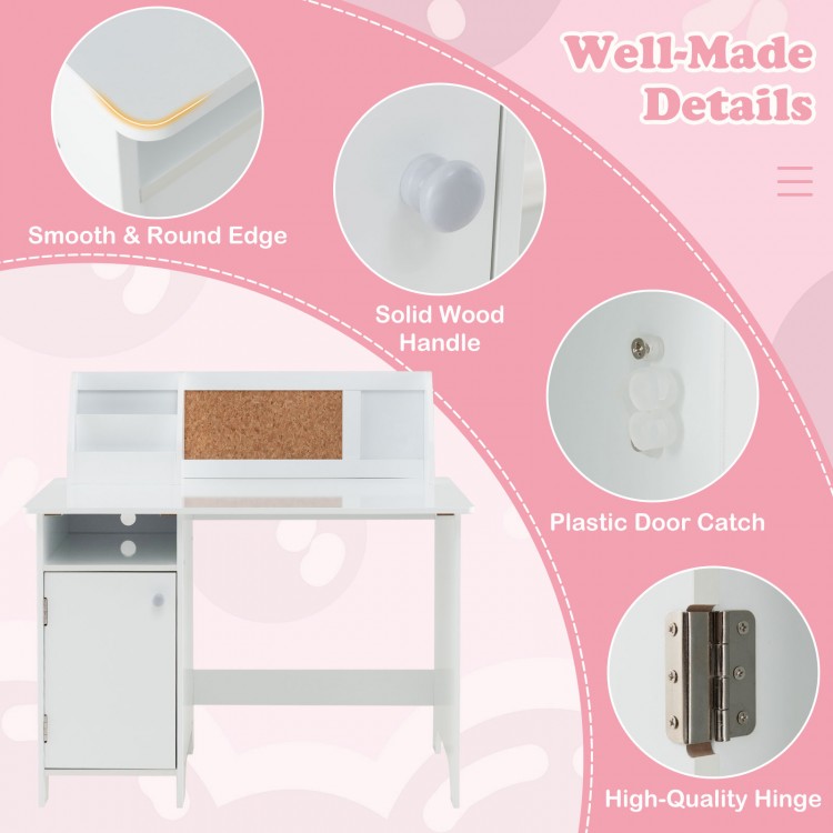 Wooden kids study desk and chair set in white with storage cabinet, cork bulletin board, and smooth edges for safety.