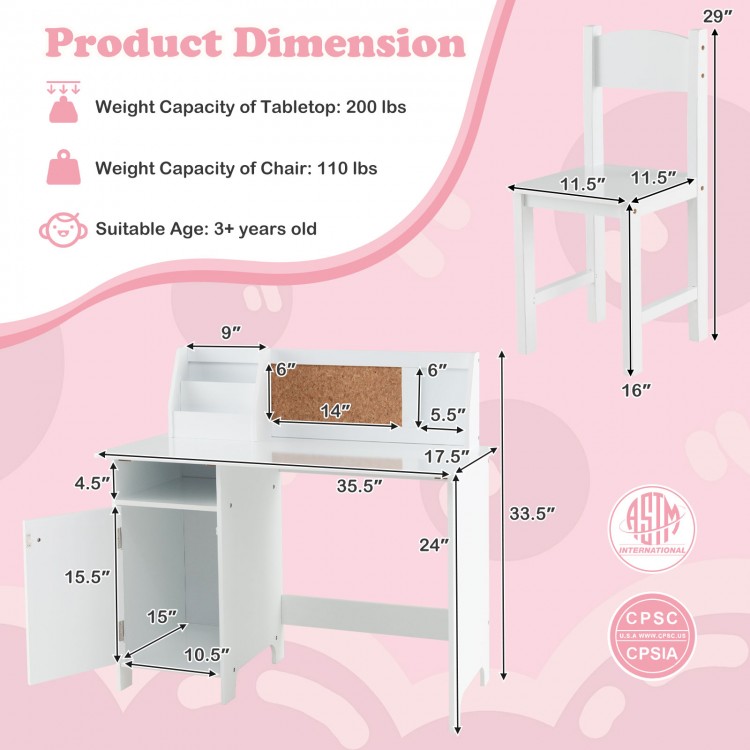 Wooden kids study desk and chair set in white with storage cabinet and bulletin board, designed for ergonomic use.