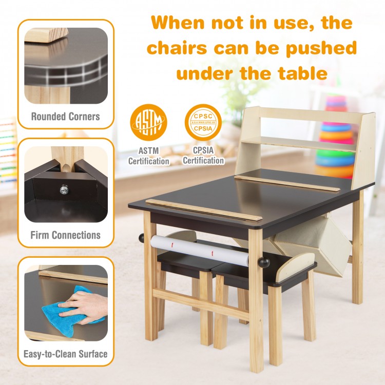 Kids art table set with two chairs, paper roll, and storage bins, featuring rounded corners and sturdy pine wood legs.