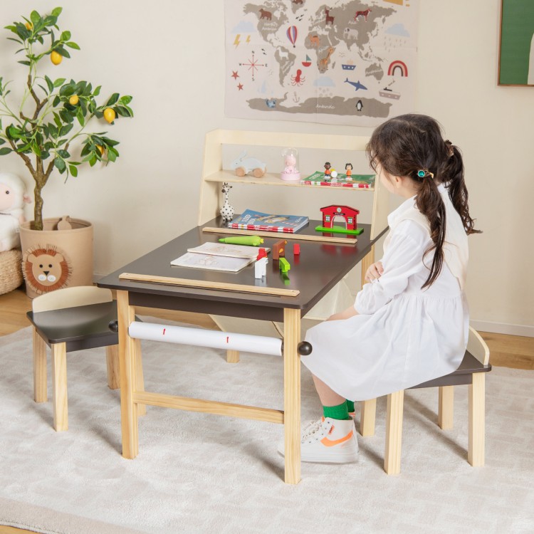 Kids art table set with spacious tabletop and raised shelf, featuring a child drawing with markers and storage bins.