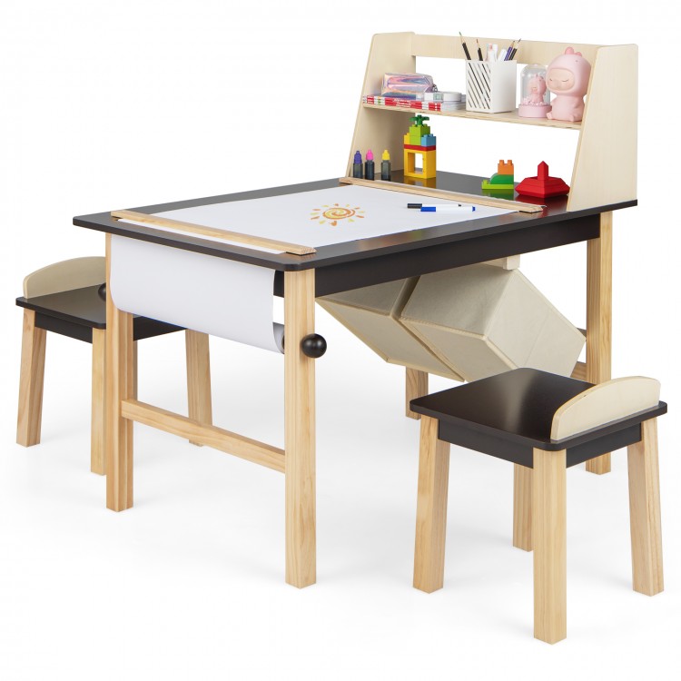 Kids art table and chairs set in coffee color with paper roll, storage bins, and sturdy pine wood legs for creative.