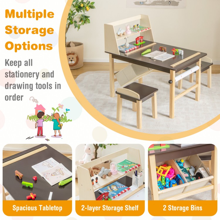 Kids art table set with spacious tabletop, raised storage shelf, and two chairs for creative activities and.