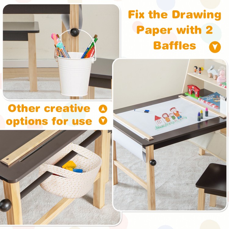 Kids art table set with paper roll, storage bins, and sturdy pine wood legs, perfect for drawing and creative play.