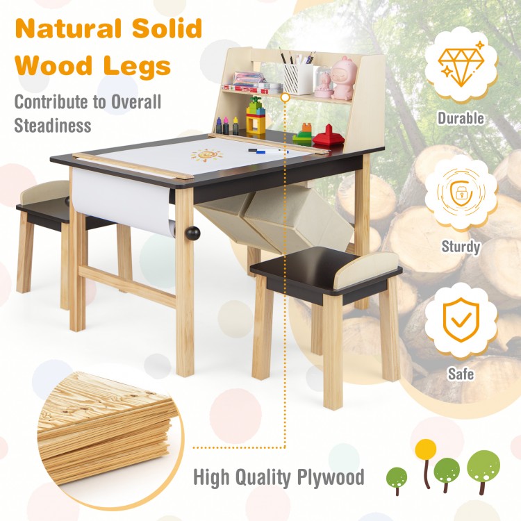 Kids art table set with sturdy pine wood legs, spacious tabletop, and storage bins for creative play and drawing.