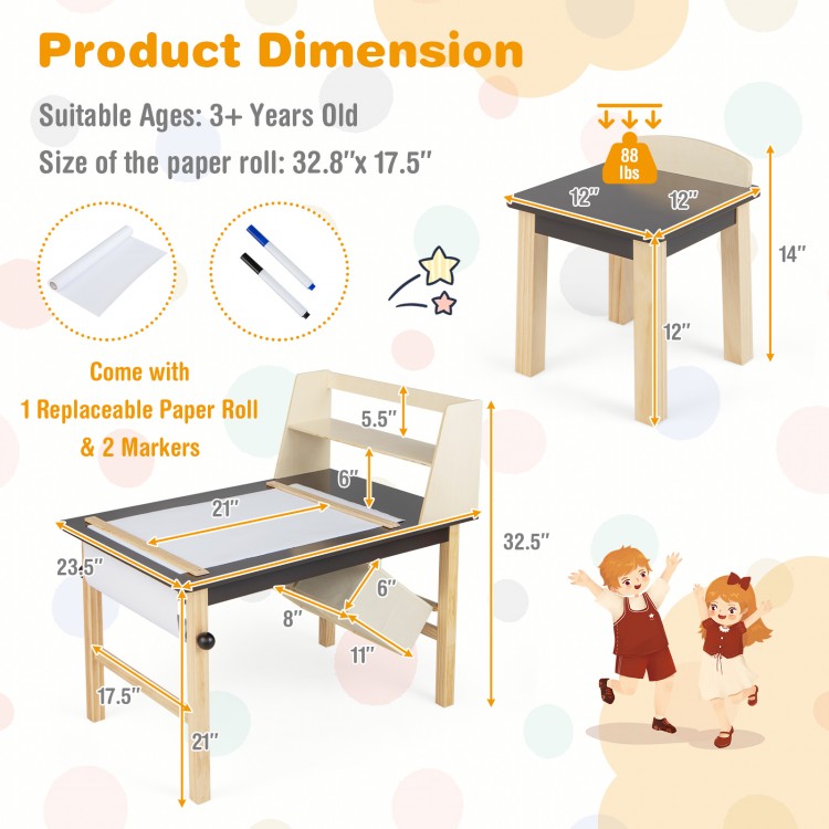 Kids art table dimensions showing 32.8"x17.5" tabletop size, designed for two children with rounded corners for safety.