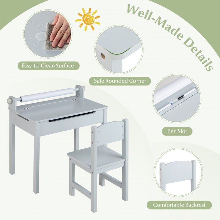 Wooden kids table and chair set in gray with paper roll holder, pen slot, and rounded corners for safety and storage.