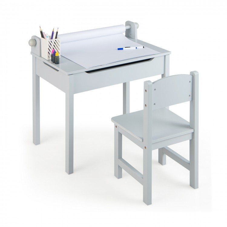 Gray wooden kids table and chair set with paper roll holder, storage, and high backrest for creative playtime.
