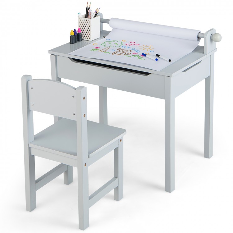 Gray wooden kids table with paper roll holder and pen slot, featuring a sturdy design and rounded corners for safety.