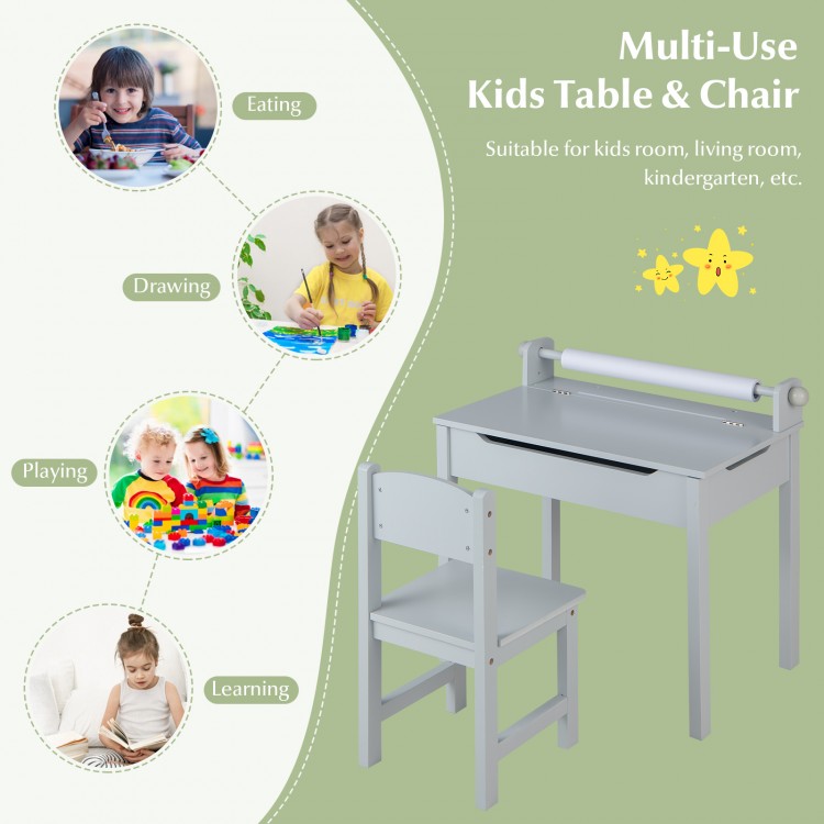 Gray wooden kids table and chair set with storage, paper roll holder, and high backrest for learning and playing.