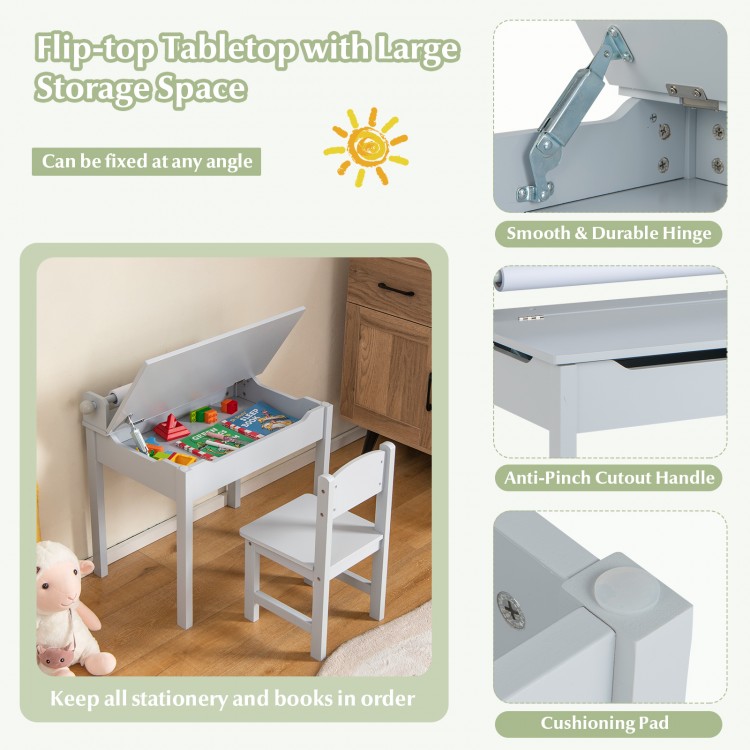 Wooden kids table and chair set in gray with flip-top storage, paper roll holder, and anti-pinch cutout handle.