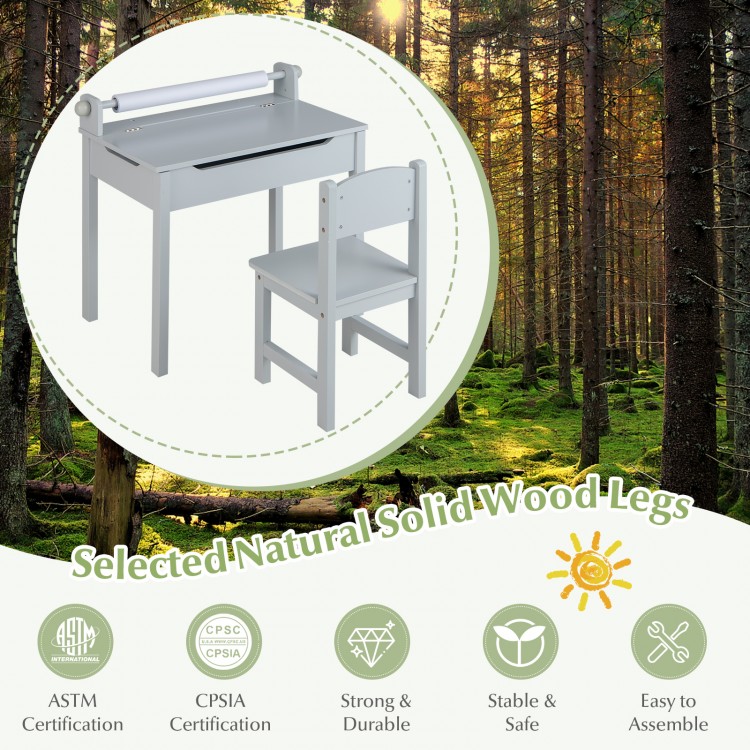 Wooden kids table and chair set in gray with storage, paper roll holder, and solid wood legs for safe playtime.