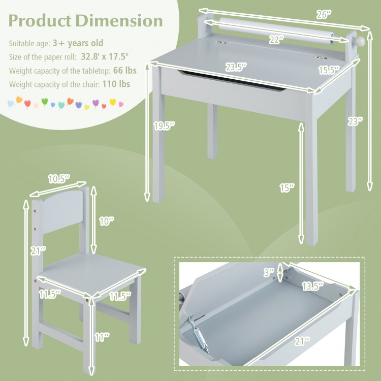 Gray wooden kids table and chair set with storage, paper roll holder, and flip-top design for creative play.