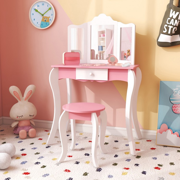 Kid's wooden vanity table and stool set with a 3-panel acrylic mirror, perfect for a child's bedroom or play area.