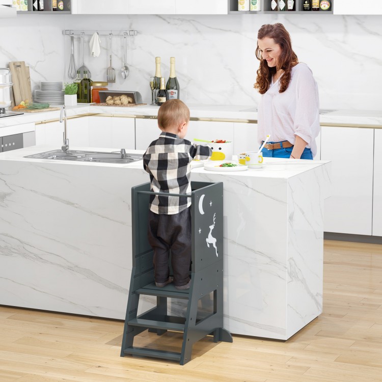 Toddler kitchen stool helper in gray with adjustable footstep, safety rail, and chalkboard for kids aged 1 to 7.