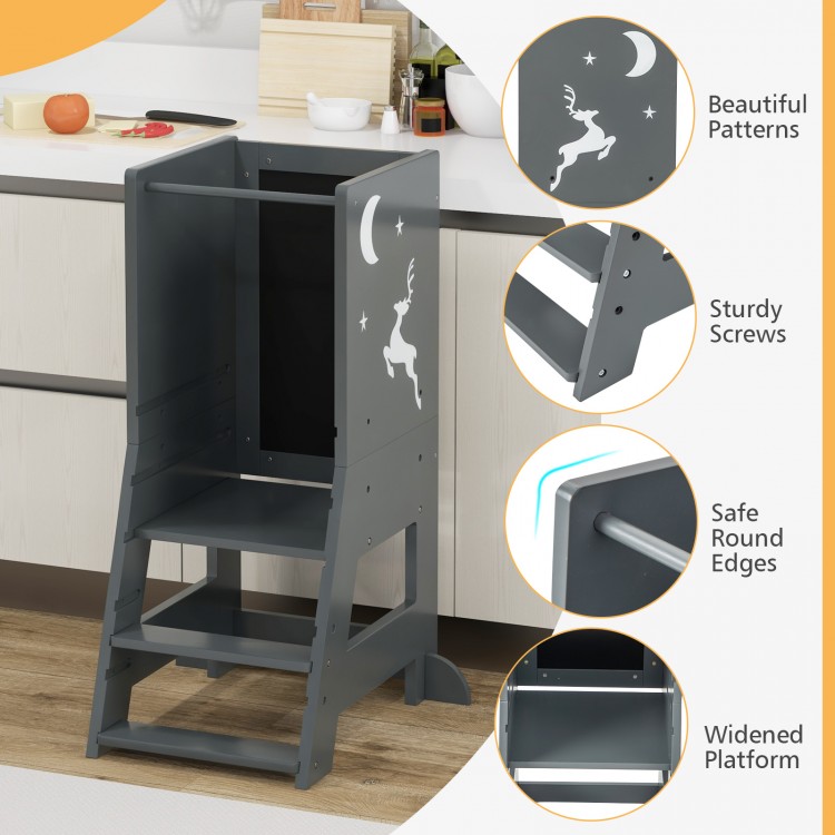 Toddler kitchen stool helper in gray with a large platform, safety rail, and stylish patterns for secure use.