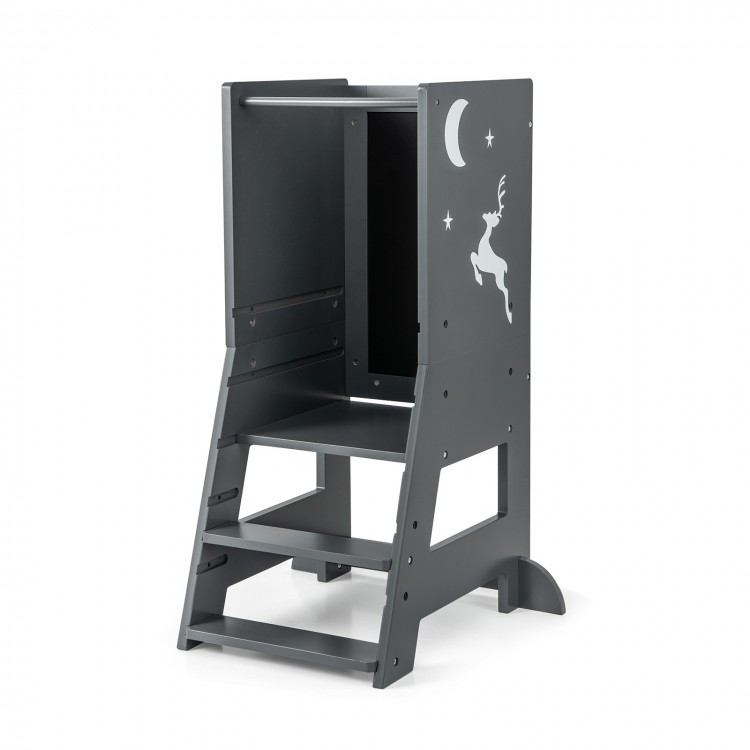 Toddler kitchen stool helper in gray with adjustable footstep, safety rail, and stylish design for kids aged 1 to 7.