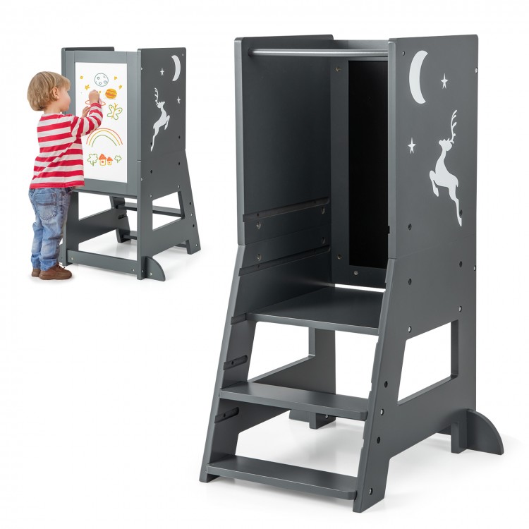 Toddler kitchen stool helper in gray with chalkboard, featuring a stable frame and adjustable footstep for safety.