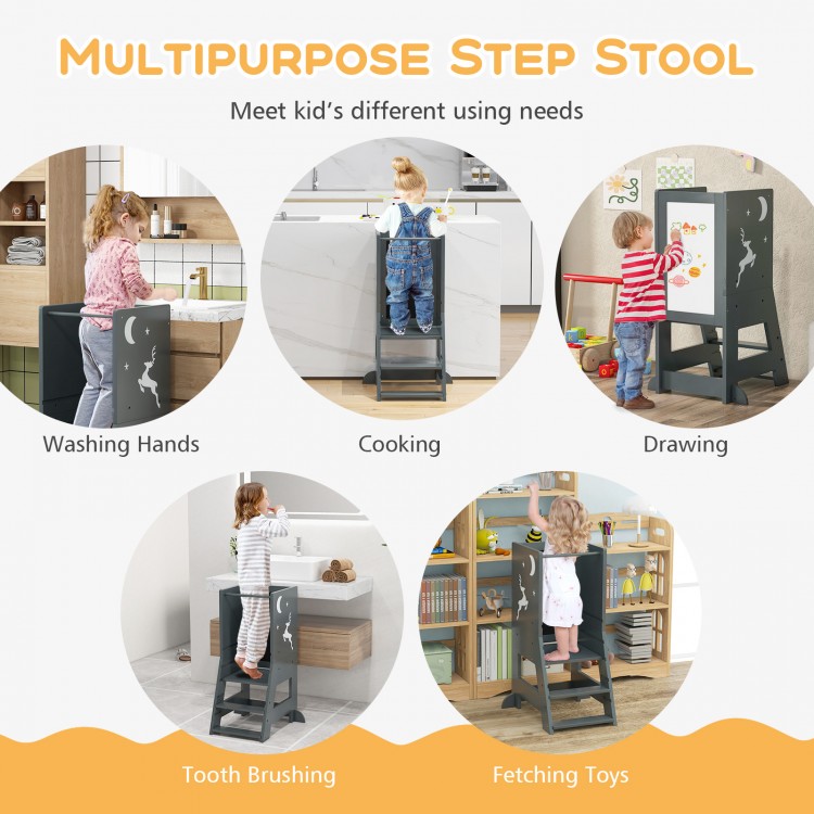 Toddler kitchen stool helper in gray with chalkboard, ideal for kids aged 1 to 7 for safe kitchen and bathroom use.