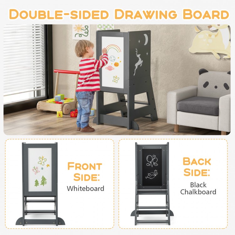Toddler kitchen stool helper with chalkboard and whiteboard, gray, adjustable for ages 1 to 7, ideal for safe use.