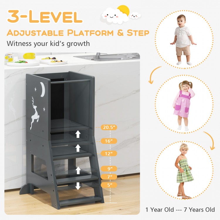 Toddler kitchen stool helper in gray with adjustable platform, safety rail, and stylish design for ages 1 to 7.