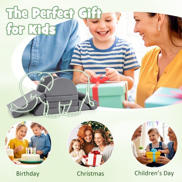 Convertible modular kids play couch in gray with 13 foam blocks for active play, perfect for nurseries and playrooms.