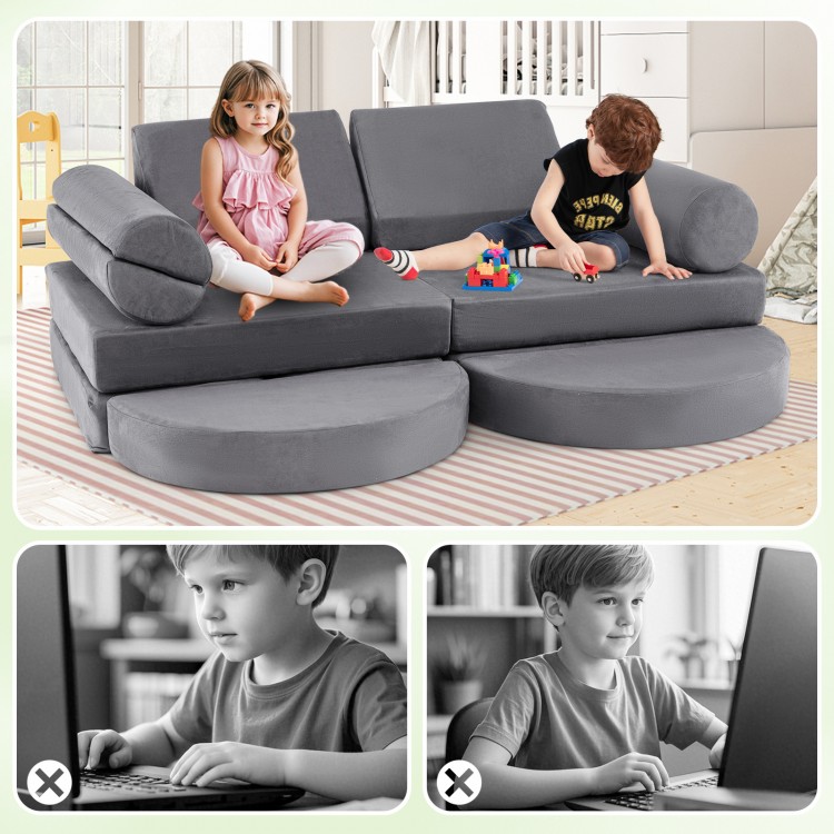 Convertible modular kids play couch in gray with soft velvet covers, ideal for active play and easy cleaning.