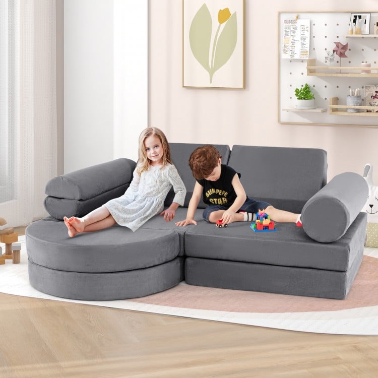 Convertible modular kids play couch in gray with 13 foam blocks, perfect for active play in nurseries or playrooms.