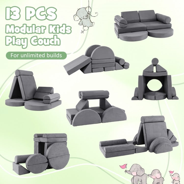Modular kids play couch set in gray with 13 foam blocks for versatile builds, ideal for nurseries and playrooms.