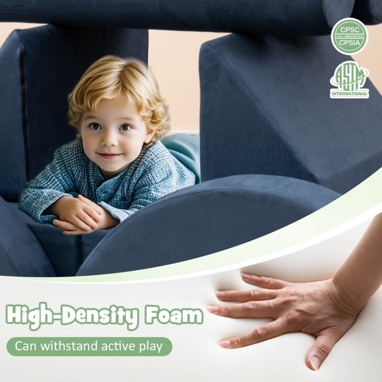 Convertible modular kids play couch in gray, featuring high-density foam for active play and soft velvet suede covers.